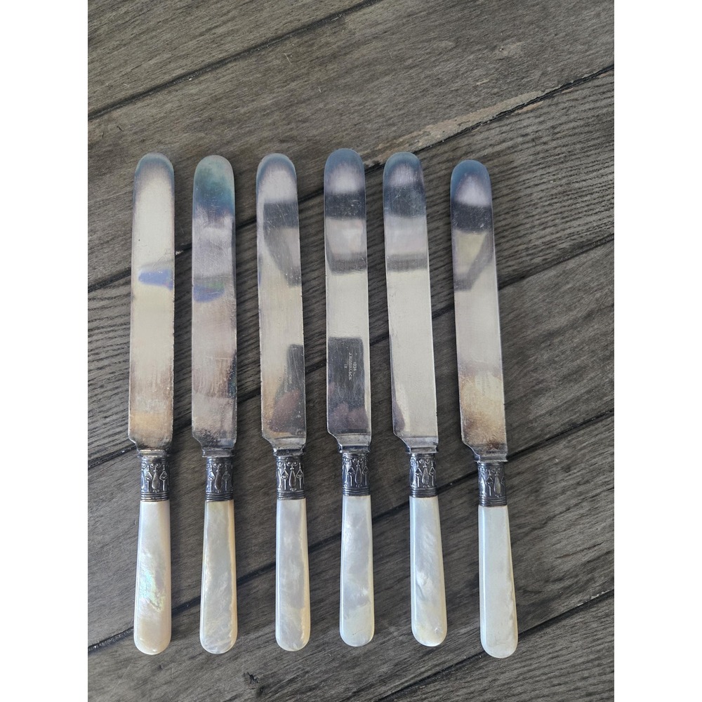 Antique J. Russell & Co. Butter Knives Set of 6 Mother of Pearl 1834 Spreaders - Picture 1 of 10